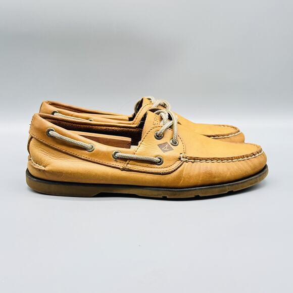 Sperry Shoes Mens 8 Brown Leather Top Sider Boat 2 Eye Deck Moc Toe Siped Sole - Picture 1 of 9